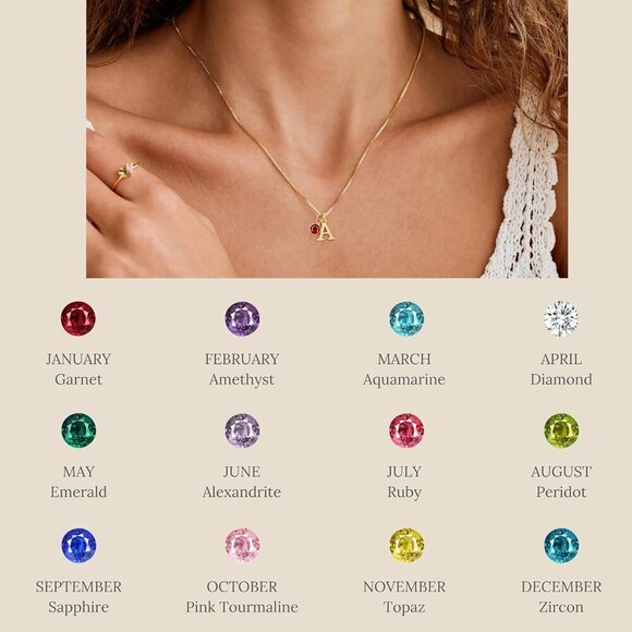Initial Birthstone Necklaces for Women Trendy 14K Gold Plated Letter A-Z initial - Picture 5 of 6